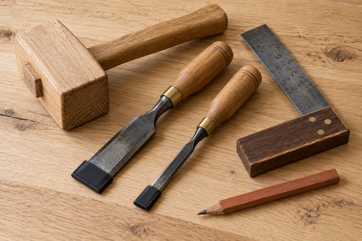 Hand tools arranged on a wooden bench