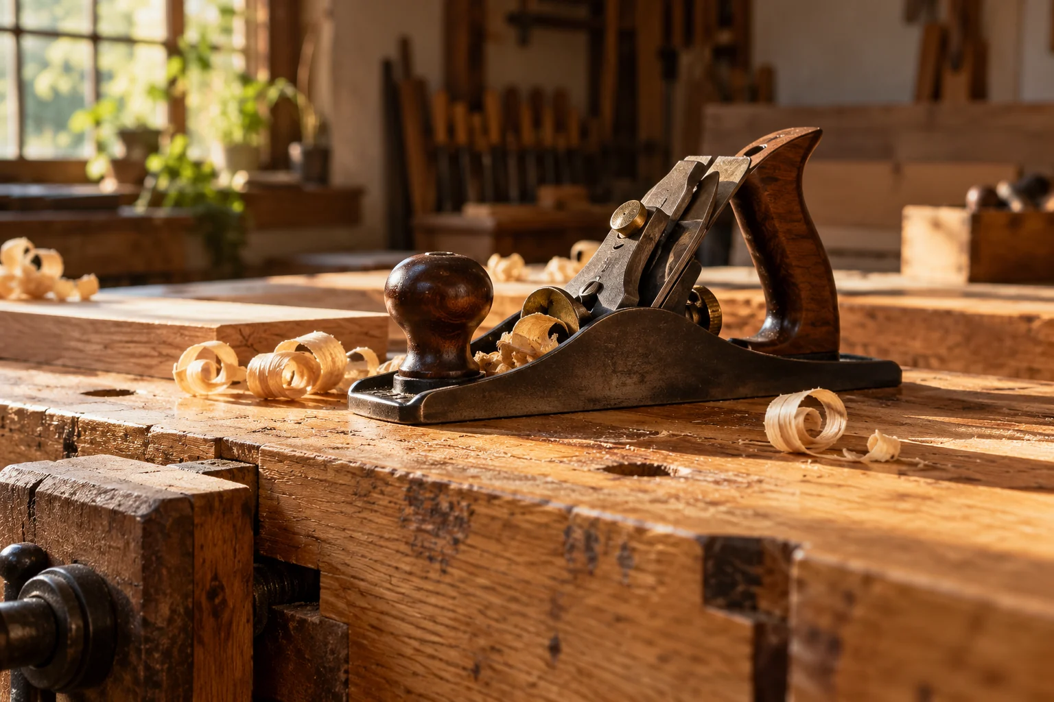 Hand plane and curled wood shavings on a warmly lit woodworking bench