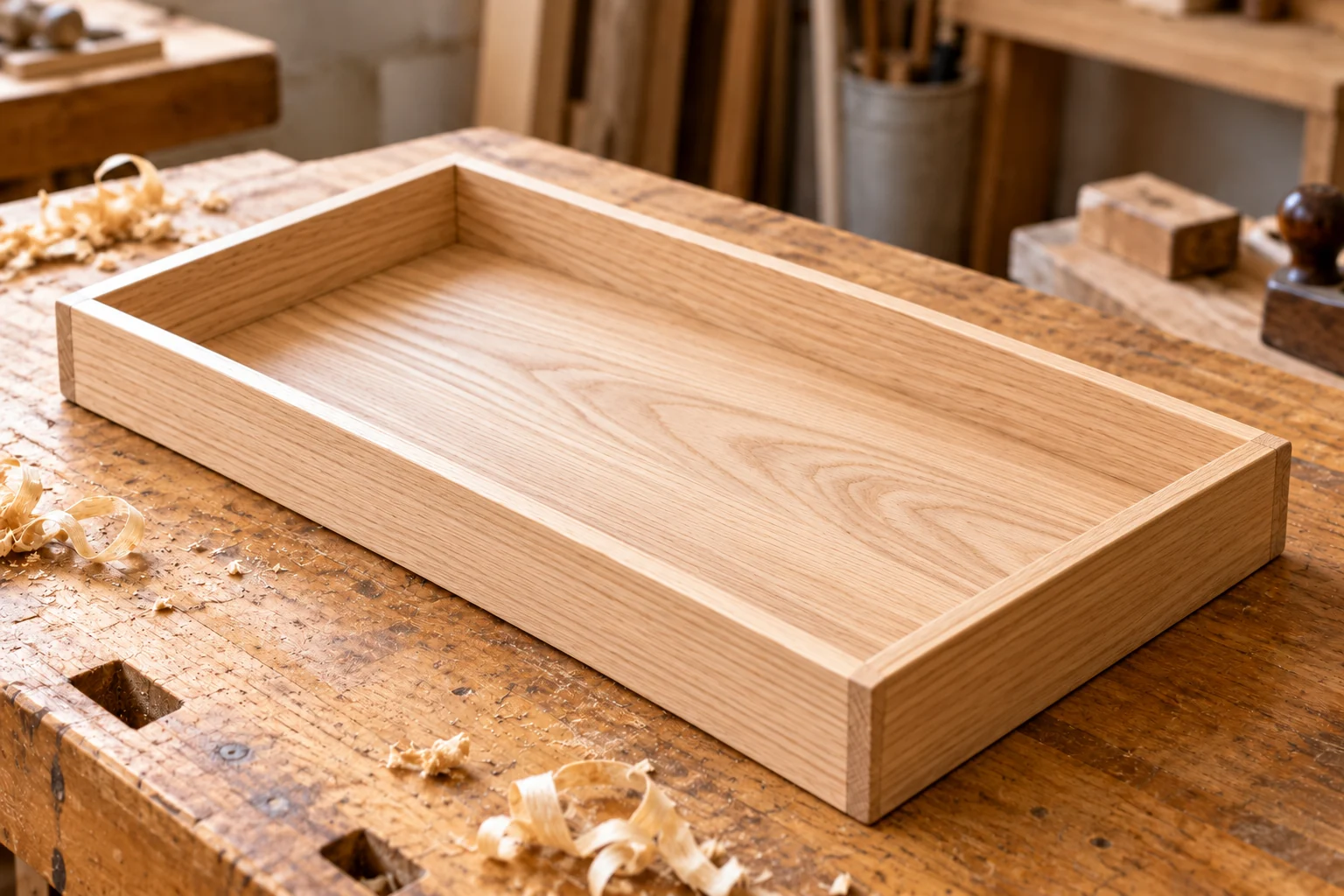 Wooden tray on a sunlit workbench